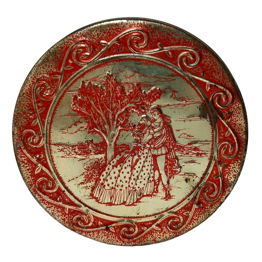 Vintage Embossed‎ Tin Sweets Romantic Couple Red Gold Round Seven Inch Tin SEE